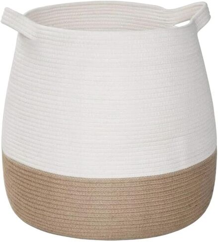 سلة كبيرة من الحبال القطنية من BSMstone مقاس 17.7 بوصة × 15.7 بوصة × 13.8 بوصة، سلة غسيل للأطفال منسوجة، سلة ألعاب مع سلال تخزين بمقبض لللحاف والوسائد واللحاف وصناديق الألعاب (أبيض + جملي) in Kuwait