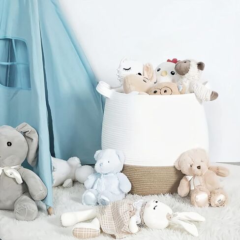 سلة كبيرة من الحبال القطنية من BSMstone مقاس 17.7 بوصة × 15.7 بوصة × 13.8 بوصة، سلة غسيل للأطفال منسوجة، سلة ألعاب مع سلال تخزين بمقبض لللحاف والوسائد واللحاف وصناديق الألعاب (أبيض + جملي) in Kuwait