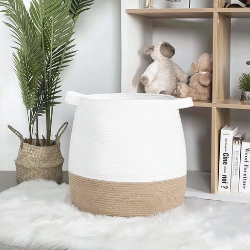 سلة كبيرة من الحبال القطنية من BSMstone مقاس 17.7 بوصة × 15.7 بوصة × 13.8 بوصة، سلة غسيل للأطفال منسوجة، سلة ألعاب مع سلال تخزين بمقبض لللحاف والوسائد واللحاف وصناديق الألعاب (أبيض + جملي) in Kuwait