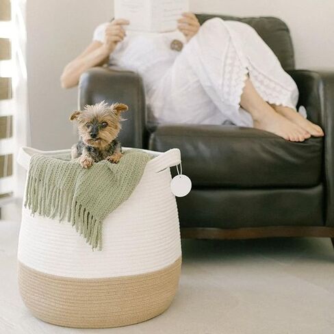 سلة كبيرة من الحبال القطنية من BSMstone مقاس 17.7 بوصة × 15.7 بوصة × 13.8 بوصة، سلة غسيل للأطفال منسوجة، سلة ألعاب مع سلال تخزين بمقبض لللحاف والوسائد واللحاف وصناديق الألعاب (أبيض + جملي) in Kuwait