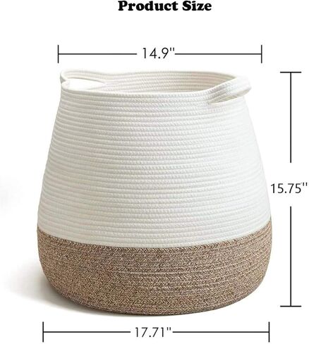 سلة كبيرة من الحبال القطنية من BSMstone مقاس 17.7 بوصة × 15.7 بوصة × 13.8 بوصة، سلة غسيل للأطفال منسوجة، سلة ألعاب مع سلال تخزين بمقبض لللحاف والوسائد واللحاف وصناديق الألعاب (أبيض + جملي) in Kuwait