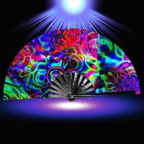 مروحة Leehome UV Glow للنساء/الرجال، مروحة كبيرة من الخيزران مع مروحة محمولة من قماش الخيزران والنايلون، للأداء، والرقص، وحفلات المهرجانات، وEDC، وهدية (UV-AFlower) in Kuwait