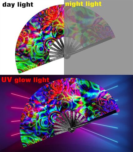 مروحة Leehome UV Glow للنساء/الرجال، مروحة كبيرة من الخيزران مع مروحة محمولة من قماش الخيزران والنايلون، للأداء، والرقص، وحفلات المهرجانات، وEDC، وهدية (UV-AFlower) in Kuwait