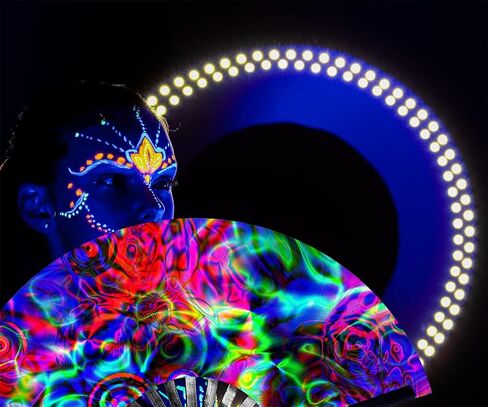 مروحة Leehome UV Glow للنساء/الرجال، مروحة كبيرة من الخيزران مع مروحة محمولة من قماش الخيزران والنايلون، للأداء، والرقص، وحفلات المهرجانات، وEDC، وهدية (UV-AFlower) in Kuwait