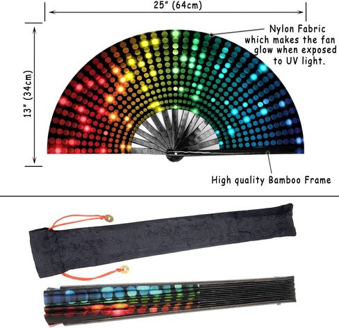 مروحة Leehome UV Glow للنساء/الرجال، مروحة كبيرة من الخيزران مع مروحة محمولة من قماش الخيزران والنايلون، للأداء، والرقص، وحفلات المهرجانات، وEDC، وهدية (UV-AFlower) in Kuwait