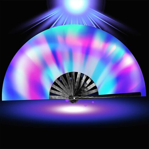 مروحة Leehome UV Glow للنساء/الرجال، مروحة كبيرة من الخيزران مع مروحة محمولة من قماش الخيزران والنايلون، للأداء، والرقص، وحفلات المهرجانات، وEDC، وهدية (UV-AFlower) in Kuwait
