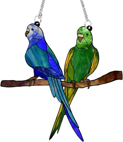 MATIHAY Parrot Acrylic Window Hangings, Blue and Green Two Parrots on Branch Birds Ornament Gifts for Parrot Lovers in Kuwait