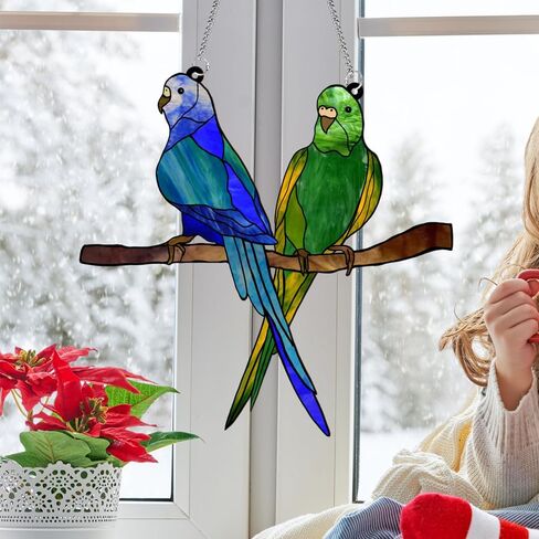 MATIHAY Parrot Acrylic Window Hangings, Blue and Green Two Parrots on Branch Birds Ornament Gifts for Parrot Lovers in Kuwait