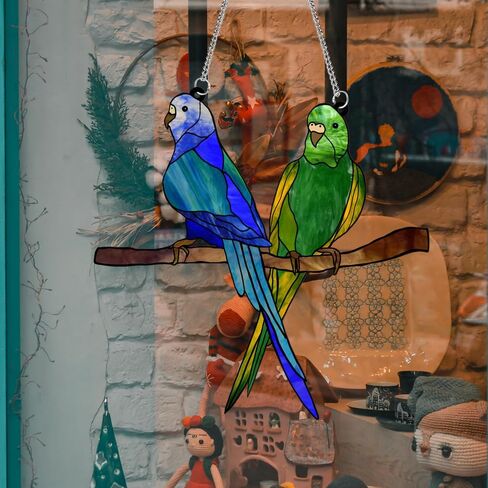 MATIHAY Parrot Acrylic Window Hangings, Blue and Green Two Parrots on Branch Birds Ornament Gifts for Parrot Lovers in Kuwait