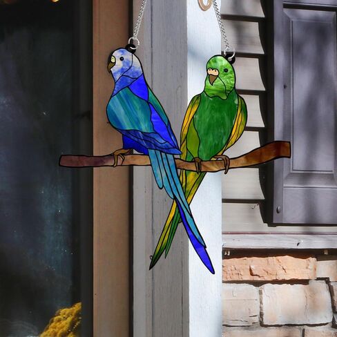 MATIHAY Parrot Acrylic Window Hangings, Blue and Green Two Parrots on Branch Birds Ornament Gifts for Parrot Lovers in Kuwait