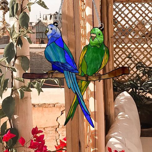 MATIHAY Parrot Acrylic Window Hangings, Blue and Green Two Parrots on Branch Birds Ornament Gifts for Parrot Lovers in Kuwait