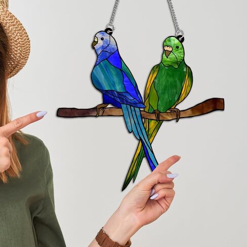 MATIHAY Parrot Acrylic Window Hangings, Blue and Green Two Parrots on Branch Birds Ornament Gifts for Parrot Lovers in Kuwait