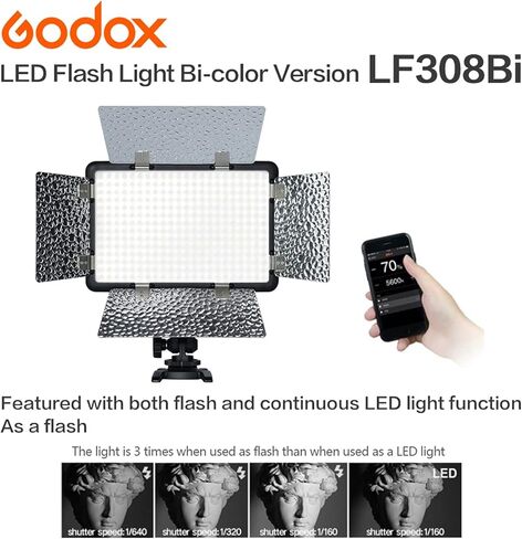 Godox LF308D ضوء واحد محمول عالي السطوع درجة حرارة لون الفلاش 5600k±300k، 1m حوالي 1300Lux، مناسب لحفلات الزفاف، والمقابلات، ومقاطع الفيديو، والتقاط الحياة الساكنة، والتقاط الماكرو in Kuwait