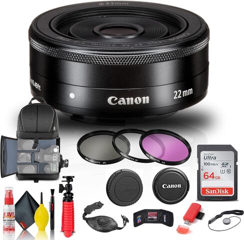 عدسة Canon EF-M مقاس 22 مم f/2 STM (5985B002) + طقم فلتر + حقيبة ظهر + بطاقة سعة 64 جيجابايت + قارئ بطاقات + حامل ثلاثي مرن + محفظة ذاكرة + حافظة للأغطية + طقم تنظيف + حزام يد + المزيد (متجدد) in Saudi Arabia