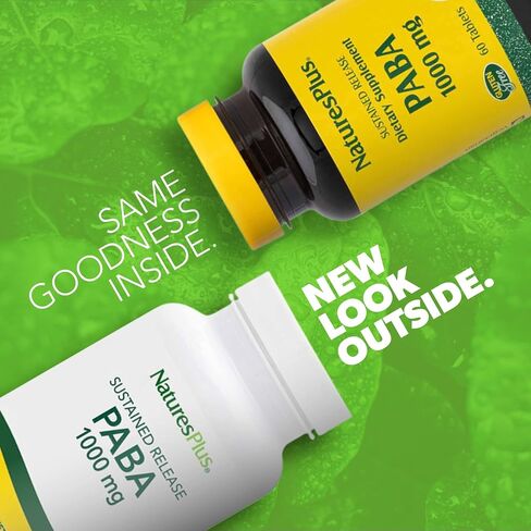 NaturesPlus PABA، إطلاق مستدام (حمض بارا أمينوبنزويك) - 1000 مجم، 60 قرص نباتي - مكمل لدعم صحة الجلد، يعزز إنتاج الطاقة - خالي من الغلوتين - 60 حصة in Saudi Arabia