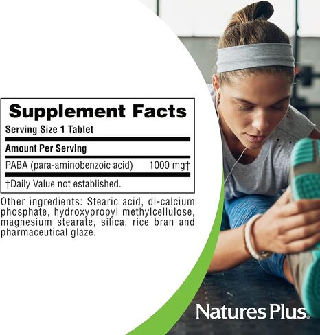 NaturesPlus PABA، إطلاق مستدام (حمض بارا أمينوبنزويك) - 1000 مجم، 60 قرص نباتي - مكمل لدعم صحة الجلد، يعزز إنتاج الطاقة - خالي من الغلوتين - 60 حصة in Saudi Arabia