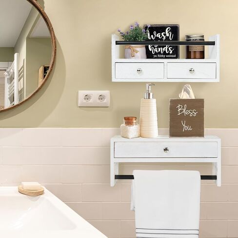 رف حمام Y&ME YM مع مجموعة أدراج مكونة من قطعتين، طاولات ليلية عائمة لغرفة النوم، ودرج حائط ورف منشفة مثبت على الحائط، والحمام، وغرفة المعيشة، والمطبخ (أبيض) in Kuwait