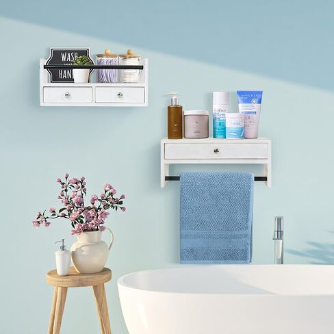 رف حمام Y&ME YM مع مجموعة أدراج مكونة من قطعتين، طاولات ليلية عائمة لغرفة النوم، ودرج حائط ورف منشفة مثبت على الحائط، والحمام، وغرفة المعيشة، والمطبخ (أبيض) in Kuwait