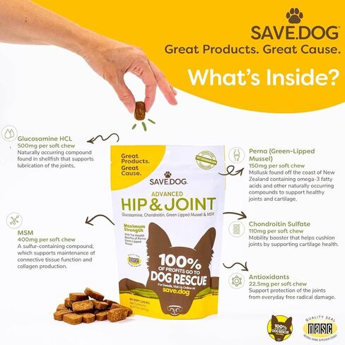 SAVE.DOG مكمل الورك والمفاصل القابل للمضغ للكلاب - مع الجلوكوزامين لتخفيف آلام المفاصل للكلاب - كوندرويتين MSM وبلح البحر الأخضر للكلاب - مكمل للكلاب مع سبب (60 قطعة مضغ) in Saudi Arabia