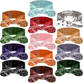 WILLBOND 13 Pieces Bandana Headband for Women Paisley Hair Bandanas Boho Bow Headbands Elastic Knot Rabbit Ear Head Wrap Cute Hair Accessories for Women Girls 7.87x2.77 inch (Stylish Color)