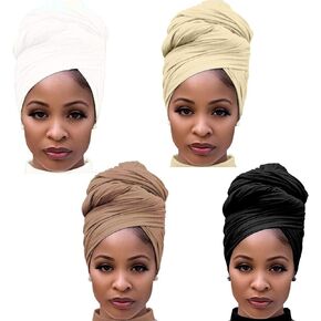 4 Packs Stretch Jersey Turban Head Wrap African Head Wrap for Women Head Scarf Ultra Soft Headband Long Hair Scarf Ultra Breathable Solid Color Turban Tie Large Headbands (Black,Red,Army Green,Blue)