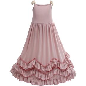 فستان بناتي طويل بكشكشة بوهو وردي اللون دانتيل بأكمام طويلة وكشكشة دوارة فستان طويل من القطن للصيف in Kuwait