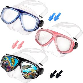نظارات سباحة مع غطاء انف وسدادات اذن للسباحة - نظارات حمام السباحة من الزجاج المقوى مع غطاء انف - قناع غوص شفاف للاطفال والشباب - قناع غوص سكوبا مضاد للضباب مع غطاء انف - 3 قطع in Kuwait