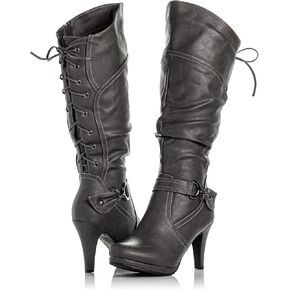 Bellmora Peggy-01 Women's Knee High Vegan Round Toe Lace Up Style (Full Zip) Slouched High Heel Boot