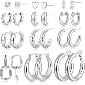 12 Pairs Gold Hoop Earrings Set for Women | 14K Gold Plated Lightweight Twisted Chunky Hoop Earrings Pack for Gift