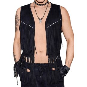 Verdusa Men's Sleeveless V Neck Studded Detail Fringe Trim Open Front Vest Jacket