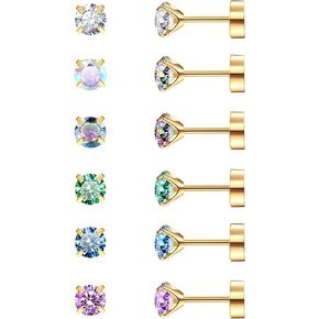 Dochais 6Pairs Titanium Stud Earrings for Men Women, G23 Titanium Earrings for Sensitive Ears Flat Back Stud Earrings Cartilage Earring Cubic Zirconia Hypoallergenic Flat Back Earrings Studs