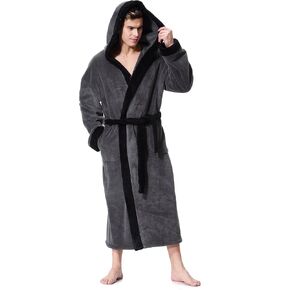 OUFANG Men's Hooded Bathrobe in 2 colored Soft Spa Kimono Shawl Collar Hooded Long Robe Unisex in Saudi Arabia