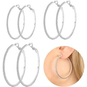 PRETOLE 3 Pairs 925 Sterling Silver Hoops Earrings for Women, Sterling Silver Large Rhinestone Hoop Earrings with Cubic Zirconia Lightweight Hypoallergenic Big Sterling Silver Earrings Set for Women in Kuwait
