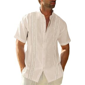 قمصان رجالي بأكمام قصيرة من Guayabera، قميص من القطن والكتان بأزرار سفلية مطرزة على الطراز المكسيكي، قميص زفاف كوبي، قطع علوية صيفية