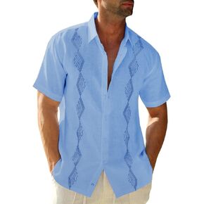 قميص Makkrom الرجالي Guayabera الكوبي بأكمام قصيرة وأزرار سفلية، قمصان كاجوال صيفية للشاطئ in Kuwait