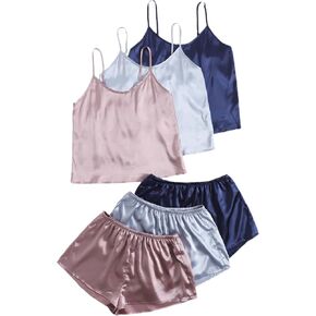 GORGLITTER Women's 3 Sets Silk Satin Pajamas Set Sleeveless V Neck Crop Cami Top and Shorts Set Sleepwear Loungewear in Kuwait