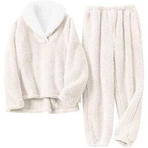 Fenclushy Women's Fluffy Loungewear Sleepwear Lounge Casual Pajamas Sets Loose Long Sleeve Fleece Pullover and Pants Set