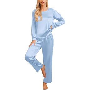 Ekouaer Womens Satin Silky Pajama Set Long Sleeve Top with Long Pajama Pant Set Soft PJ Loungewear in Kuwait