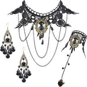 Boao Gothic Choker Necklace Lace Choker Halloween Gothic Jewelry with Vintage Lace Bracelet and Pendant Earrings for Women