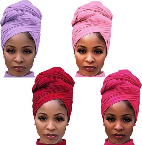 4 Packs Stretch Jersey Turban Head Wrap African Head Wrap for Women Head Scarf Ultra Soft Headband Long Hair Scarf Ultra Breathable Solid Color Turban Tie Large Headbands (Black,Red,Army Green,Blue) in Kuwait