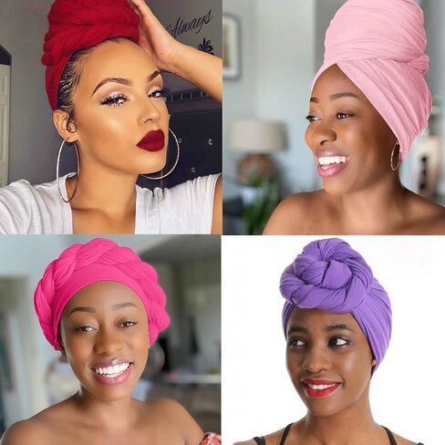 4 Packs Stretch Jersey Turban Head Wrap African Head Wrap for Women Head Scarf Ultra Soft Headband Long Hair Scarf Ultra Breathable Solid Color Turban Tie Large Headbands (Black,Red,Army Green,Blue) in Kuwait