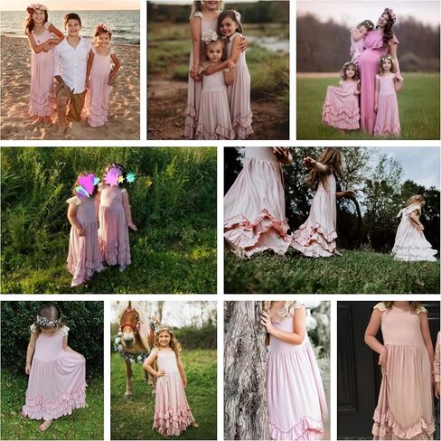 فستان بناتي طويل بكشكشة بوهو وردي اللون دانتيل بأكمام طويلة وكشكشة دوارة فستان طويل من القطن للصيف in Kuwait