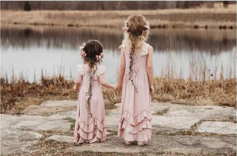 فستان بناتي طويل بكشكشة بوهو وردي اللون دانتيل بأكمام طويلة وكشكشة دوارة فستان طويل من القطن للصيف in Kuwait