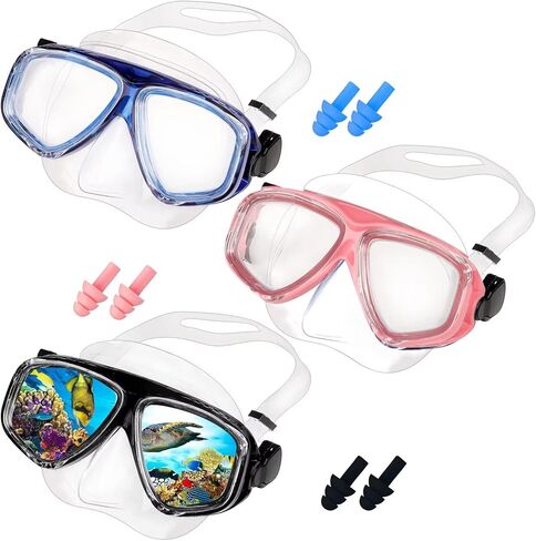 نظارات سباحة مع غطاء انف وسدادات اذن للسباحة - نظارات حمام السباحة من الزجاج المقوى مع غطاء انف - قناع غوص شفاف للاطفال والشباب - قناع غوص سكوبا مضاد للضباب مع غطاء انف - 3 قطع in Kuwait
