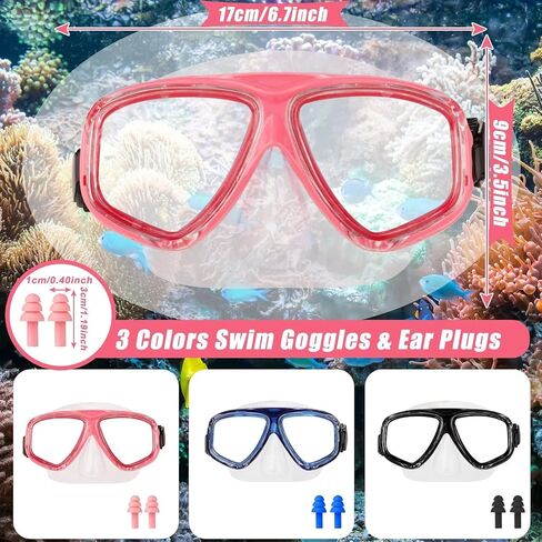 نظارات سباحة مع غطاء انف وسدادات اذن للسباحة - نظارات حمام السباحة من الزجاج المقوى مع غطاء انف - قناع غوص شفاف للاطفال والشباب - قناع غوص سكوبا مضاد للضباب مع غطاء انف - 3 قطع in Kuwait