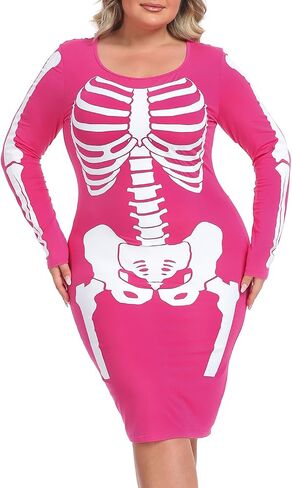 HDE Plus Size Skeleton Dress Halloween Costume Stretchy Long Sleeve Mini Dress in Saudi Arabia