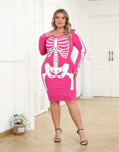 HDE Plus Size Skeleton Dress Halloween Costume Stretchy Long Sleeve Mini Dress in Saudi Arabia