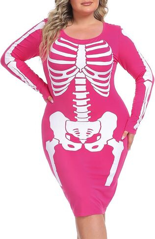 HDE Plus Size Skeleton Dress Halloween Costume Stretchy Long Sleeve Mini Dress in Saudi Arabia