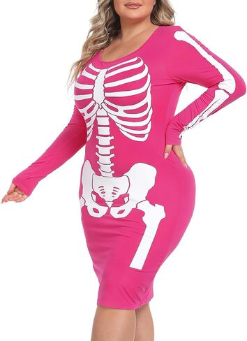 HDE Plus Size Skeleton Dress Halloween Costume Stretchy Long Sleeve Mini Dress in Saudi Arabia