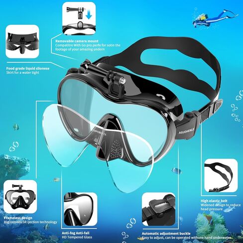 قناع غص قناع غوص بدون إطار مع حامل لـ Gopro، نظارات عدسة مقسى مضادة للضباب، قناع سباحة للغوص، مجموعة معدات الغطس للغوص، والغطس، والغوص الحر، والسباحة للبالغين in Kuwait